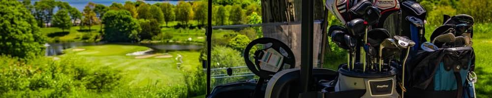 Golf clubs on the back of a golf cart