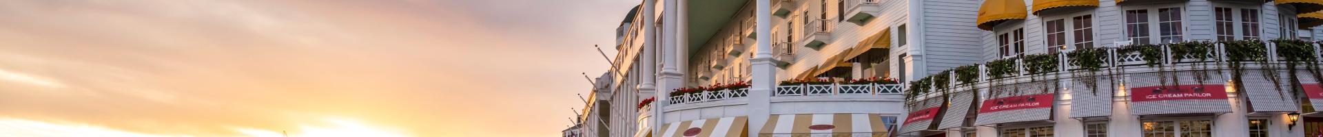 View of the Grand Hotel behind flowers.